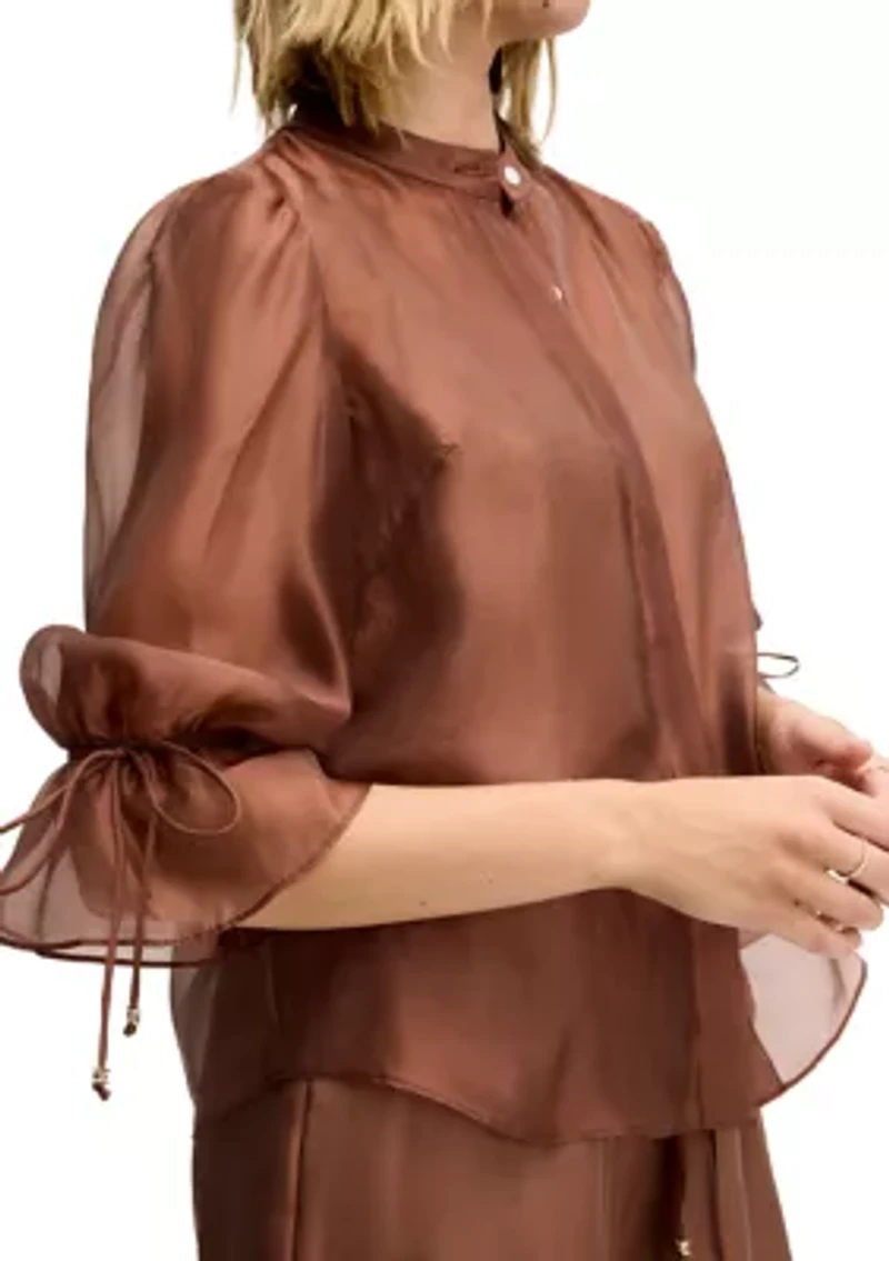 Women's Puff Sleeve Mandarin Collar Blouse