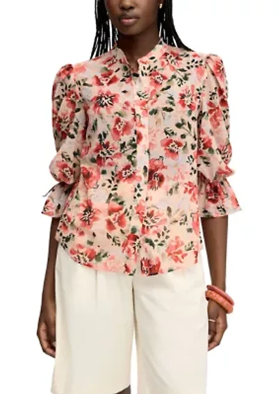 Women's Mandarin Collar Print Blouse