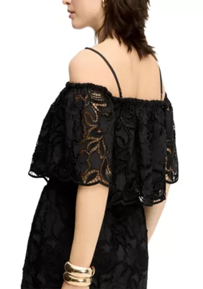 Women's Ruffle Embroidered Lace Top