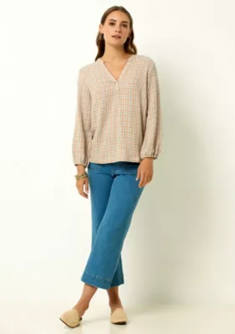 V-Neck Plaid Peasant Top