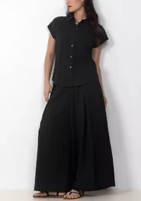Sleeveless Button Front Blouse and Wide Leg Pants Set