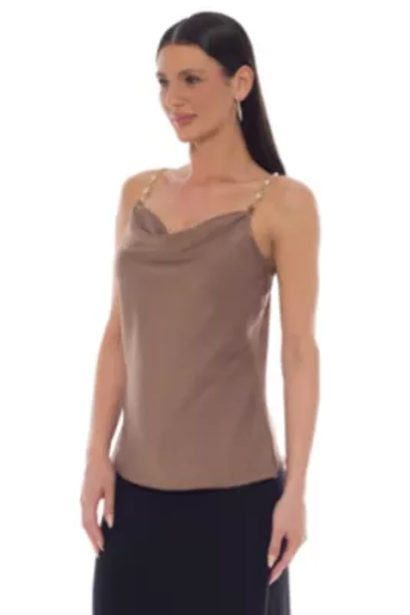 Crushed Satin Cowl Pearl Trim Tank