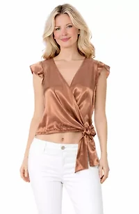 Satin Flutter Sleeve Wrap with Tie Top