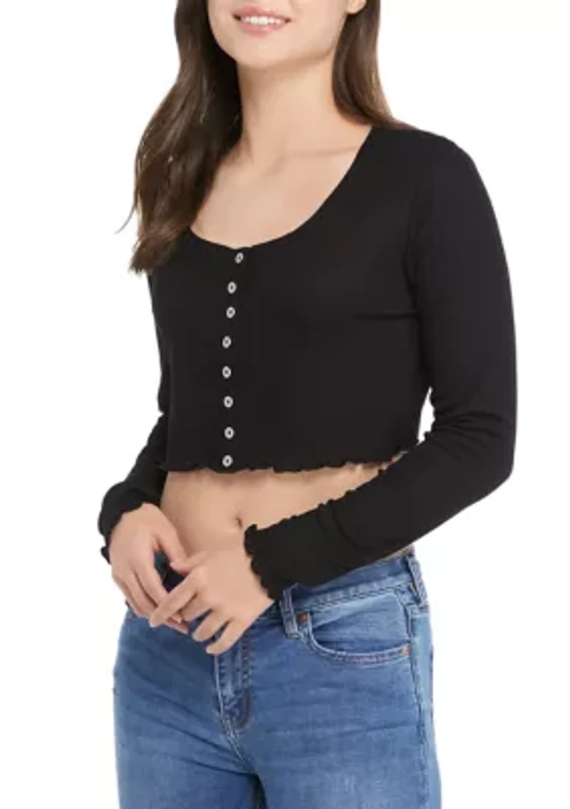 Junior's Long Sleeve Rib Knit Cropped Top