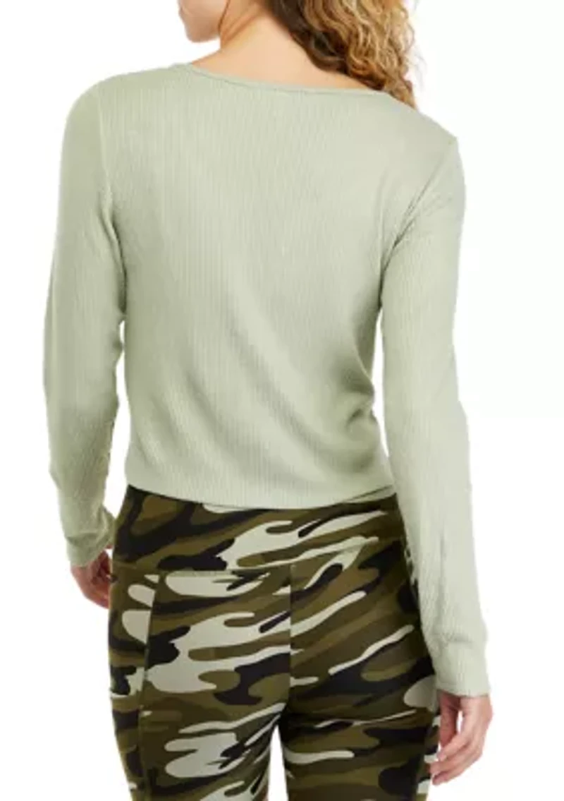 Juniors' Long Sleeve Tie Ribbed Hacci Top