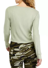 Juniors' Long Sleeve Tie Ribbed Hacci Top