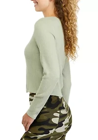 Juniors' Long Sleeve Tie Ribbed Hacci Top