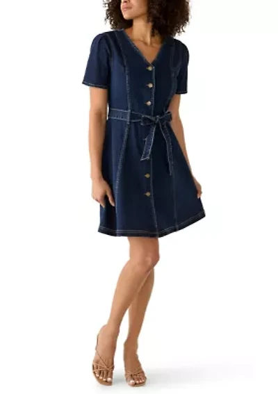 Women's Short Sleeve Button Front Denim Dress with Belt