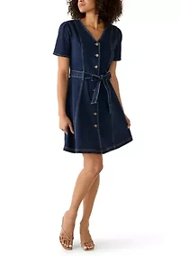 Women's Short Sleeve Button Front Denim Dress with Belt