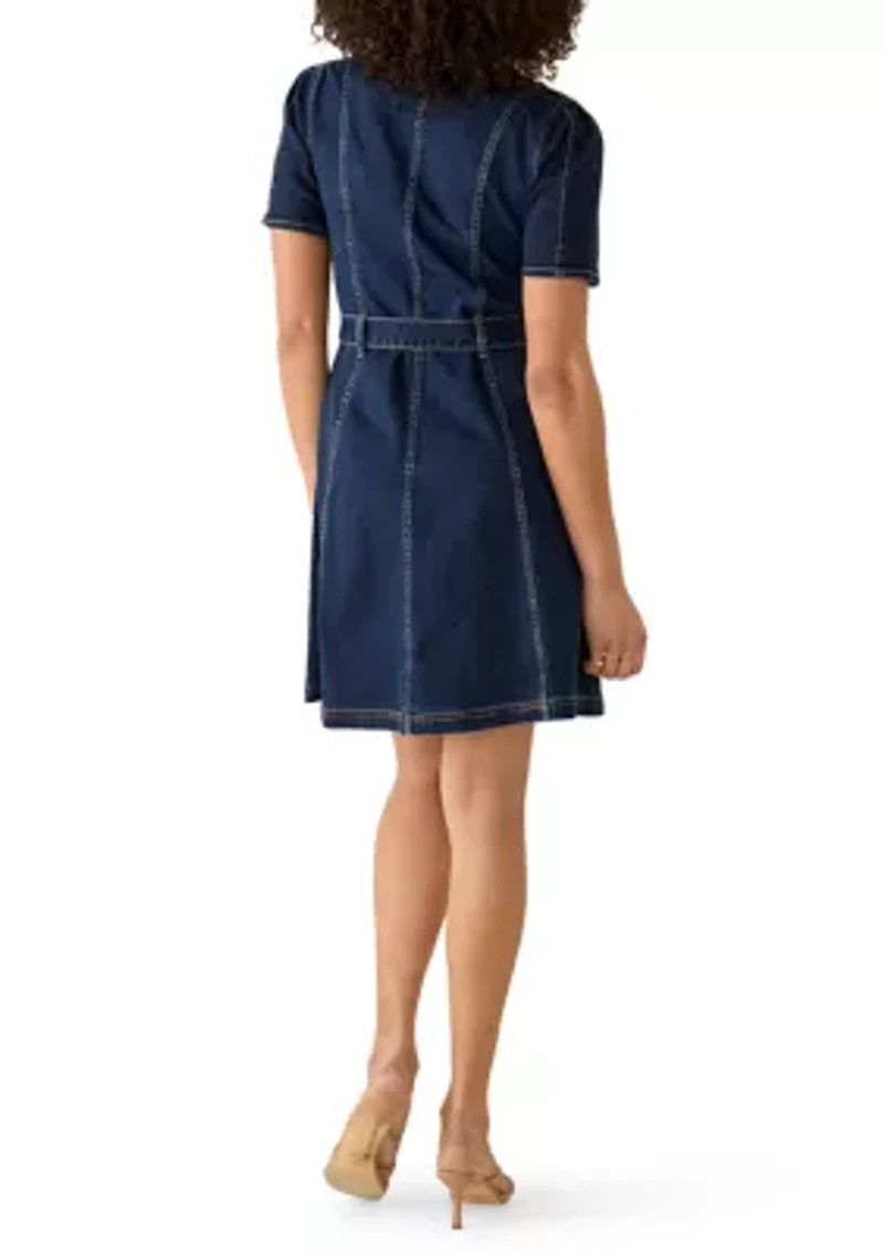 Women's Short Sleeve Button Front Denim Dress with Belt