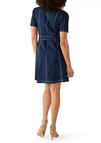 Women's Short Sleeve Button Front Denim Dress with Belt
