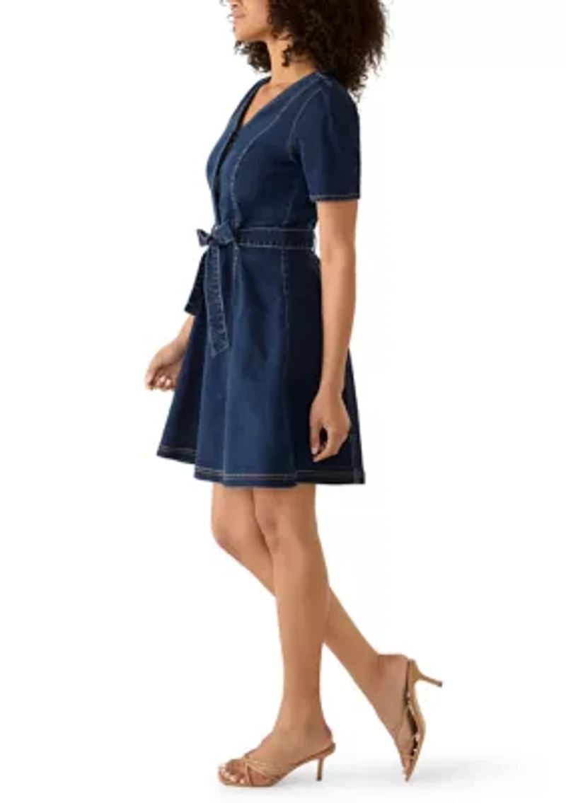 Women's Short Sleeve Button Front Denim Dress with Belt