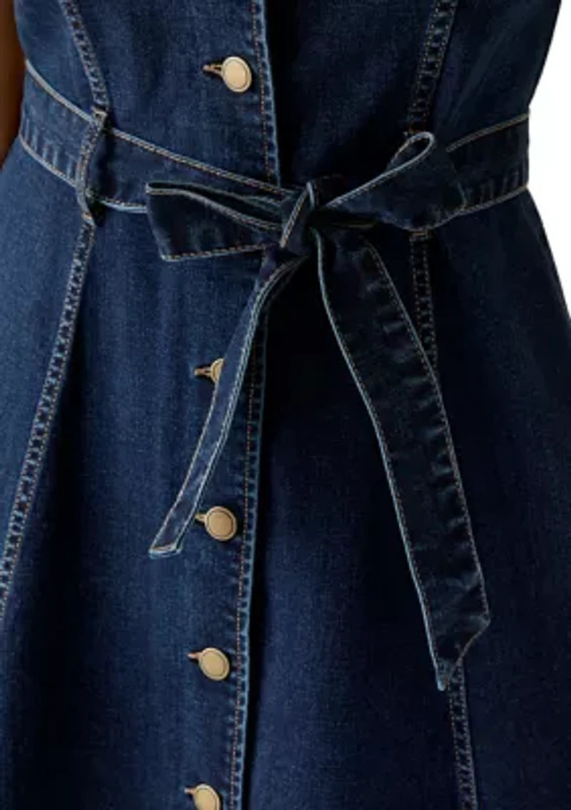 Women's Short Sleeve Button Front Denim Dress with Belt