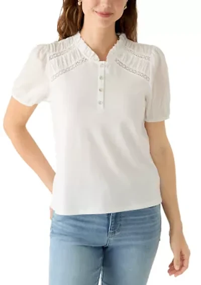 Women's Short Sleeve Slub Jersey Top with Voile
