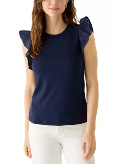 Women's Embroidered Flutter Sleeve Top