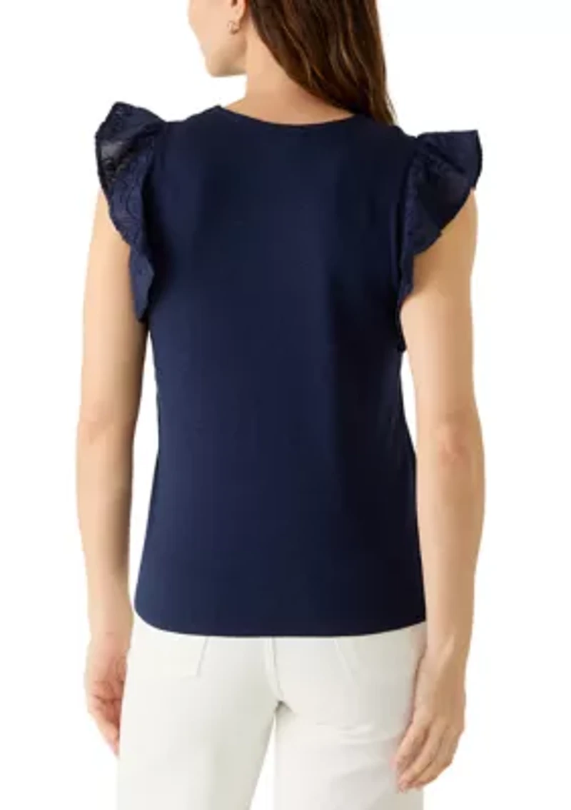 Women's Embroidered Flutter Sleeve Top