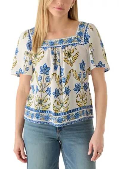 Women's Short Sleeve Square Neck Linen Blend Smocked Back Dress