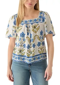 Women's Short Sleeve Square Neck Linen Blend Smocked Back Dress