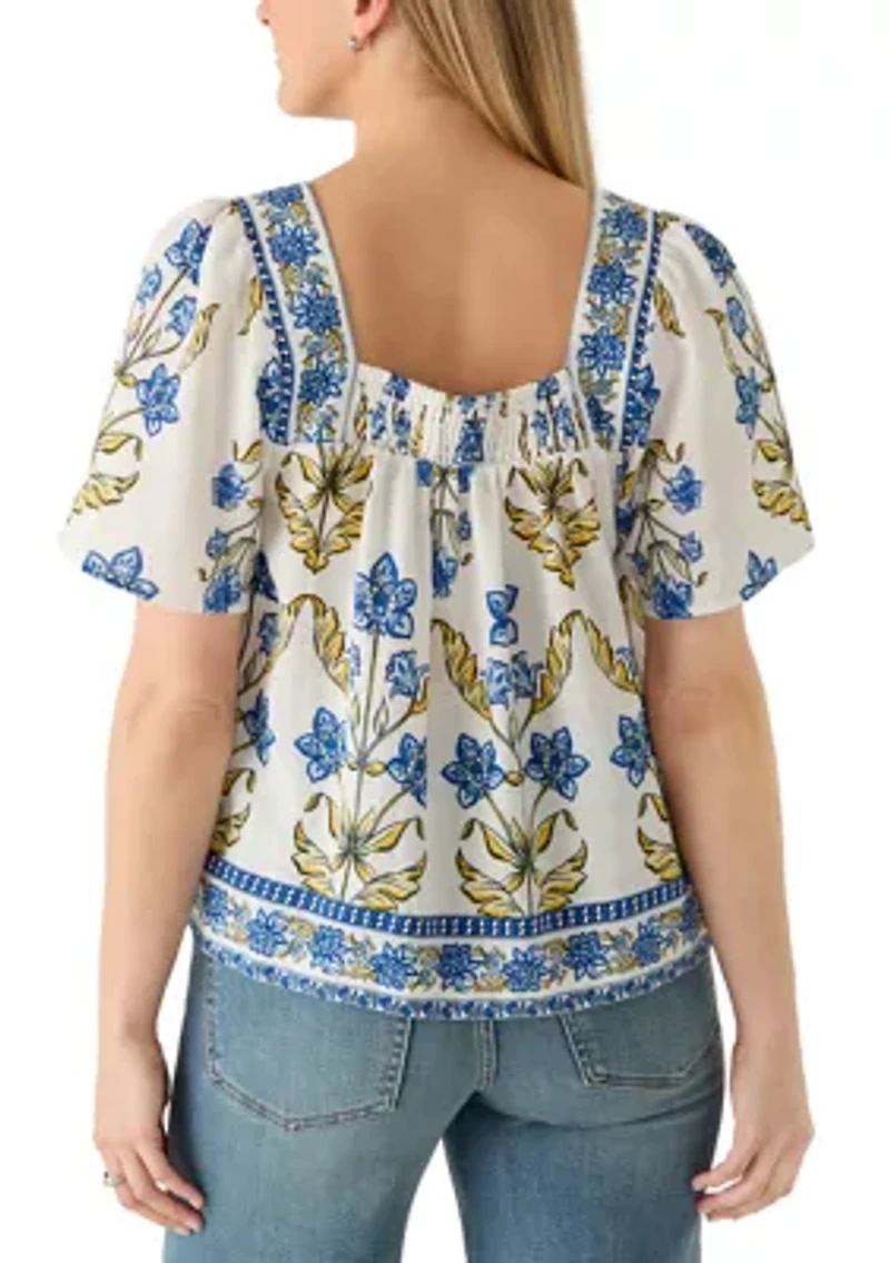 Women's Short Sleeve Square Neck Linen Blend Smocked Back Dress