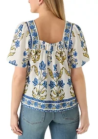 Women's Short Sleeve Square Neck Linen Blend Smocked Back Dress
