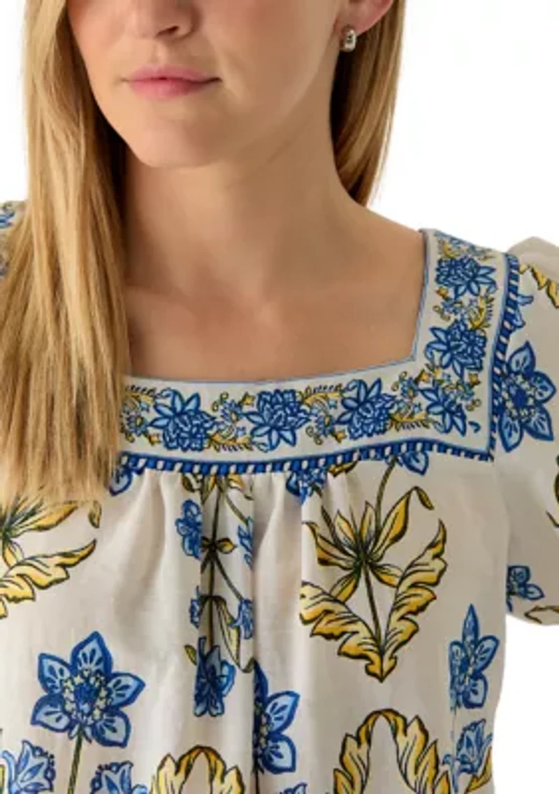 Women's Short Sleeve Square Neck Linen Blend Smocked Back Dress