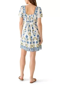Women's Short Sleeve Square Neck Linen Blend Smocked Dress
