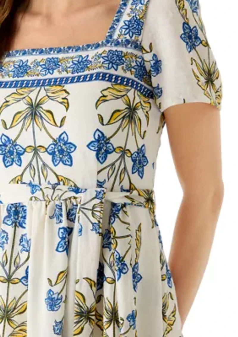 Women's Short Sleeve Square Neck Linen Blend Smocked Dress