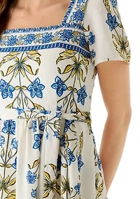Women's Short Sleeve Square Neck Linen Blend Smocked Dress