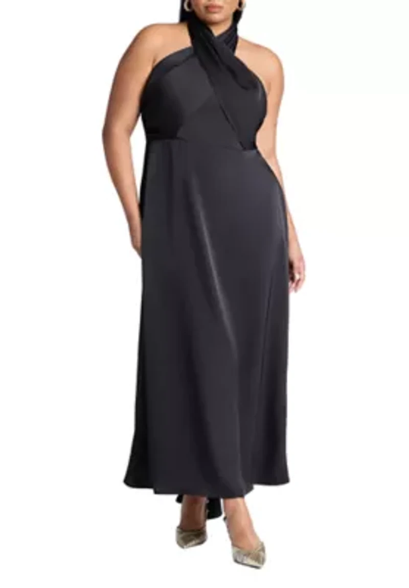 ELOQUII Halter Neck Satin Maxi Dress (Plus Size)