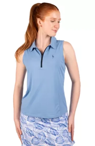 Textured Grid Sleeveless Quarter Zip Polo