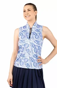 Leaves Printed Sleeveless Quarter Zip Polo