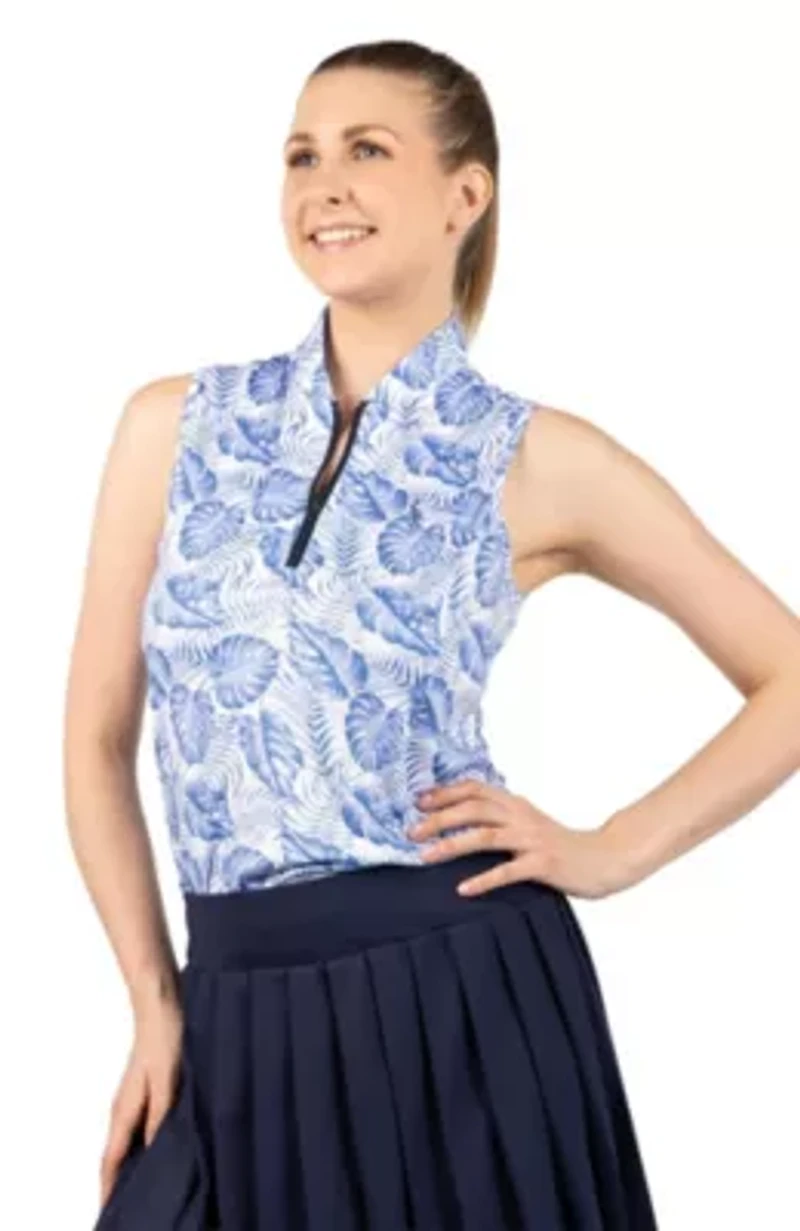 Leaves Printed Sleeveless Quarter Zip Polo