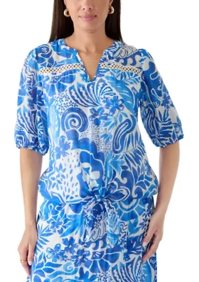 Women's Y-Neck Tie Front Print Top
