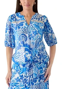 Women's Y-Neck Tie Front Print Top