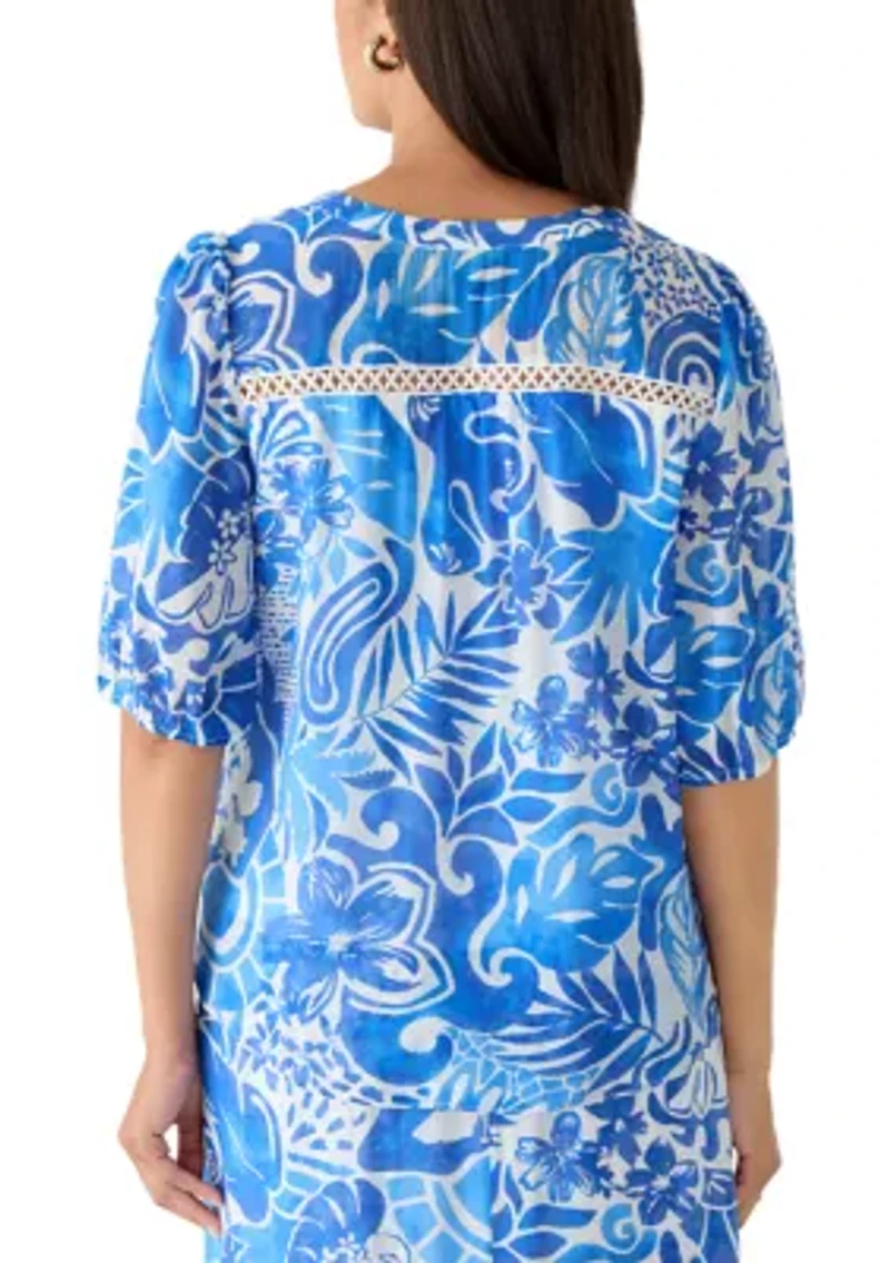 Women's Y-Neck Tie Front Print Top