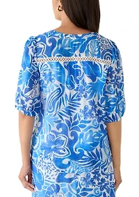 Women's Y-Neck Tie Front Print Top