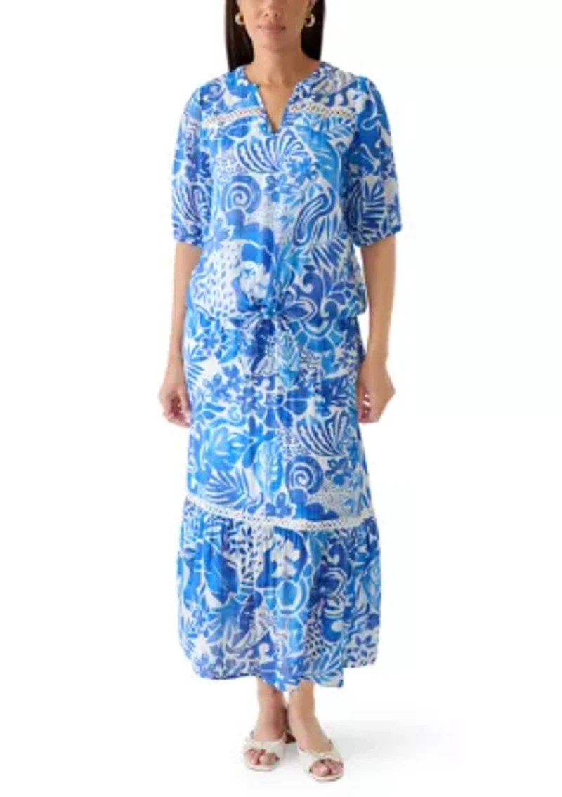 Women's Y-Neck Tie Front Print Top