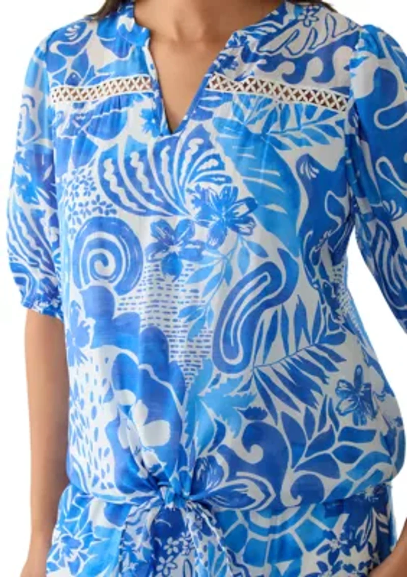 Women's Y-Neck Tie Front Print Top