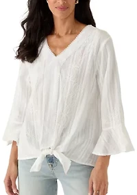 Women's 3/4 Sleeve Y-Neck Scoutash Tie Front Top
