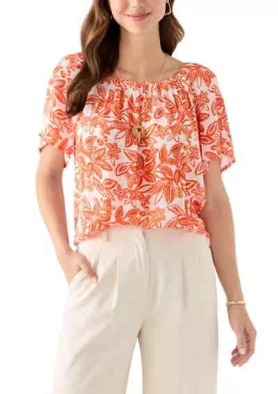 Women's Short Sleeve Printed Blouse with Trim