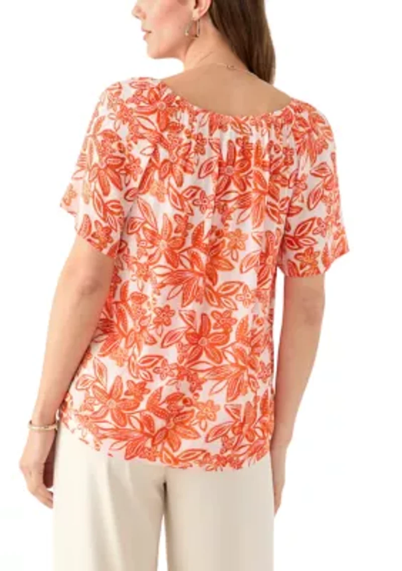 Women's Short Sleeve Printed Blouse with Trim