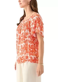 Women's Short Sleeve Printed Blouse with Trim