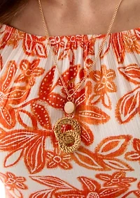 Women's Short Sleeve Printed Blouse with Trim