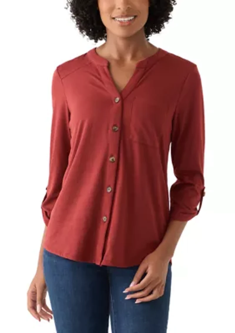 Women's Three-Quarter Tie Front Henley Knit Top