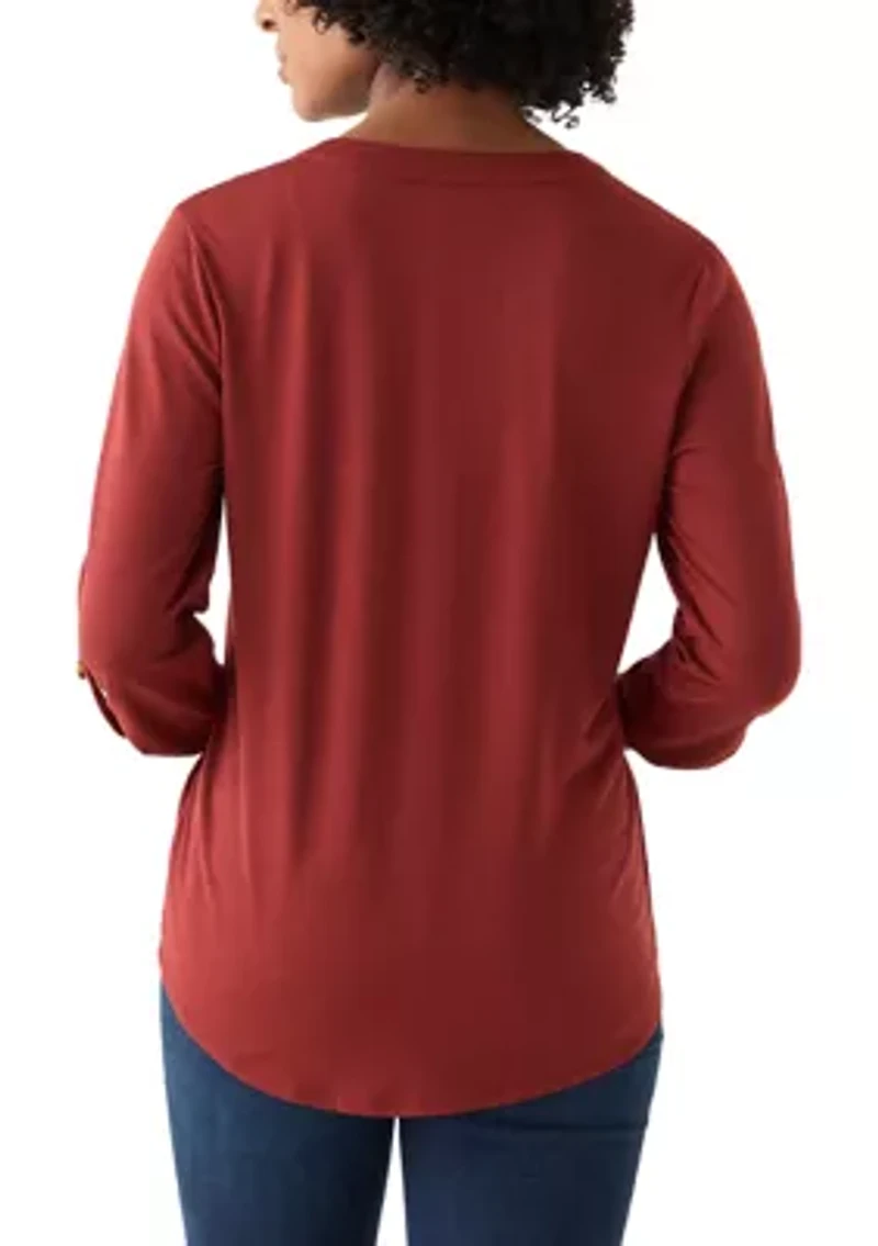 Women's Three-Quarter Tie Front Henley Knit Top