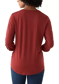 Women's Three-Quarter Tie Front Henley Knit Top