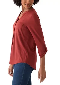 Women's Three-Quarter Tie Front Henley Knit Top