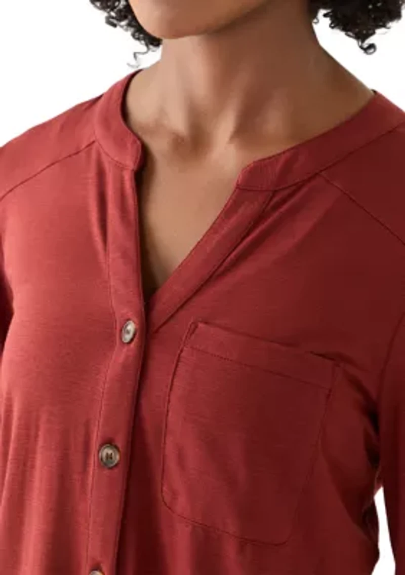 Women's Three-Quarter Tie Front Henley Knit Top