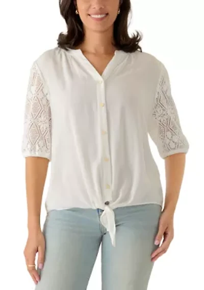 Women's Short Sleeve Y-Neck Tie Front Top