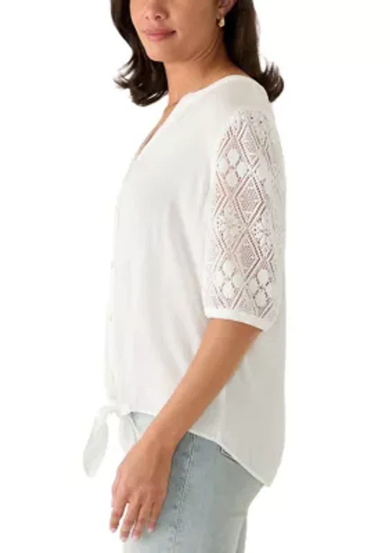 Women's Short Sleeve Y-Neck Tie Front Top